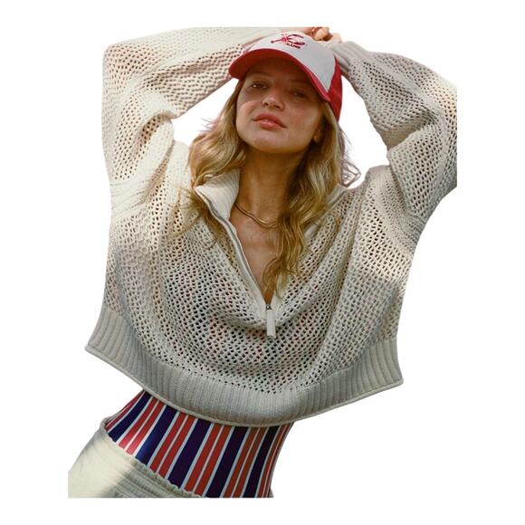 Aerie Womens size XL Oversized Crochet Quarter Zip Open Knit Ribbed Prep Sweater - Picture 9 of 9